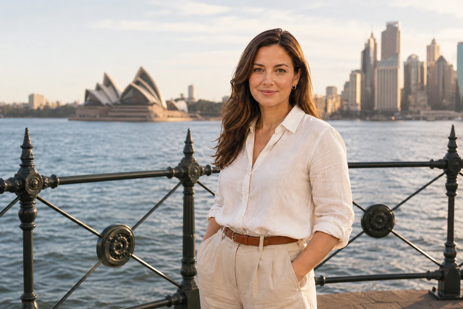 Lesa Graham standing beside an ornate harbour railing in Kirribilli, with the Sydney Opera House and CBD skyline across the water.