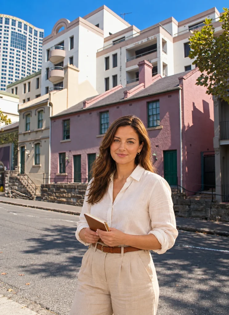AI portrait of Lesa Graham holding a notebook, with Harrington Street heritage terraces in The Rocks behind her.