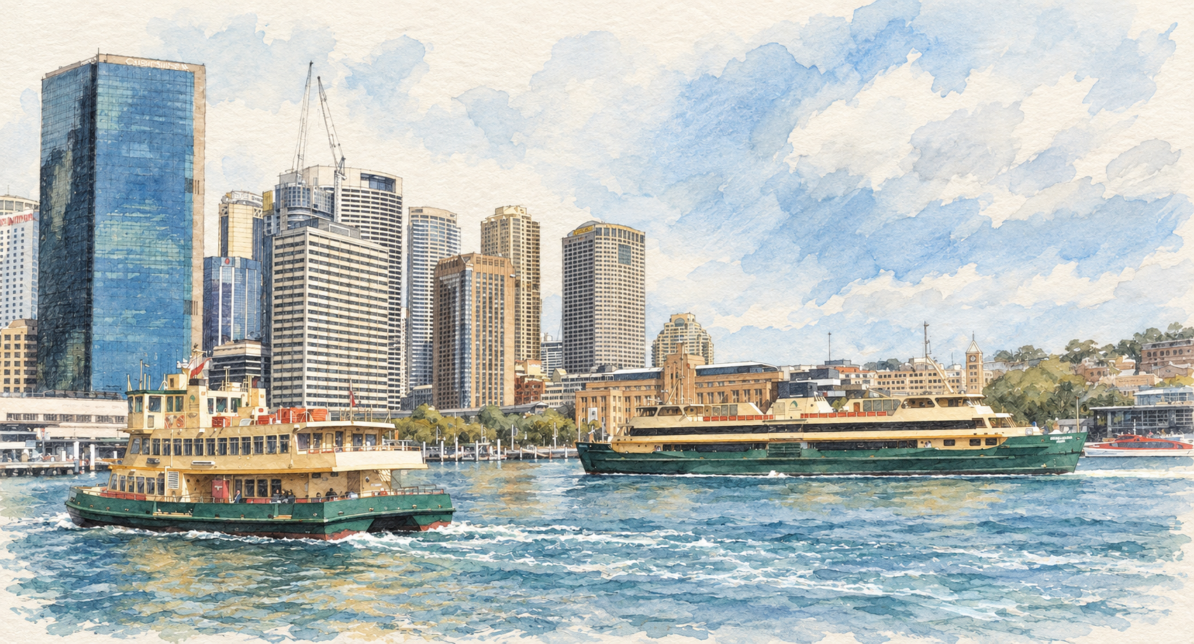 Two green-and-cream ferries on blue water in front of Circular Quay waterfront buildings, in watercolour and pencil.